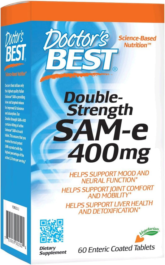 Doctor's BEST - Doctor’s Best SAM-e 400 mg – Suporte para Humor e Articulações, 60 Comprimidos Entéricos Veganos, Livre de Glúten e Soja