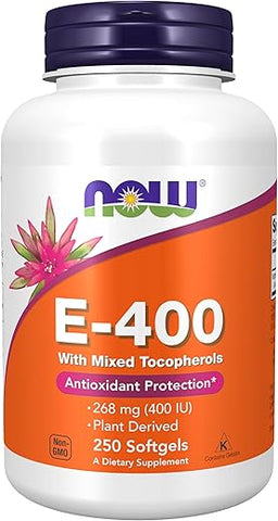 Suplementos, Vitamina E-400 UI Tocoferóis Mistos, Proteção Antioxidante, 250 Softgels - NOW Foods