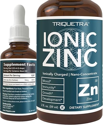 Triquetra Health - Zinco Líquido Iônico – Suprimento de 8 Meses, Doses Ajustáveis para Toda a Família – Forma de Sulfato de Zinco, Vegano, Frasco de Vidro – Suporte para Imunidade, Cérebro, Tireoide – Melhor Absorção de Zinco