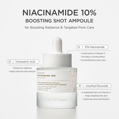 SKIN1004 Niacinamide 10% Boosting Shot Ampoule, Niacinamide Spicule Serum for Face, Facial Ampoule with Tranexamic Acid, Pore Minimizer for Face, Madagascar Centella, Korean Skin Care, 1.01fl.oz/ 30ml