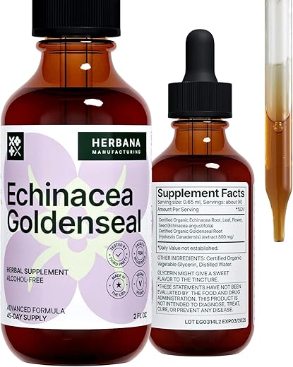 HERBANA MANUFACTURING - Echinacea e Goldenseal Extrato Líquido 60ml – Suplemento Herbal Natural – Suporte Imunológico – Melhora o Sono | Aumenta a Energia – Alta Potência – Fornecimento de 45 Dias