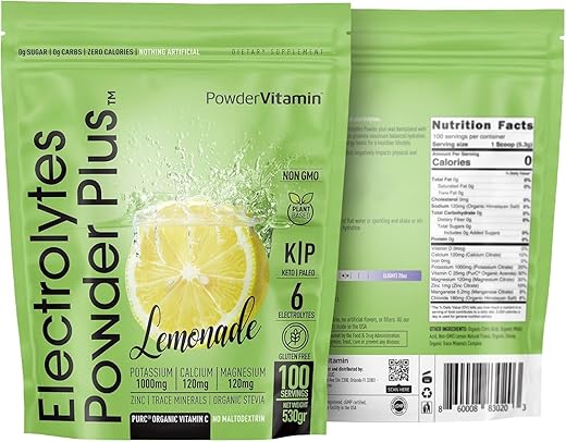 PowderVitamin - Pó de Eletrólitos Plus Keto, Limonada (100 Porções) 0 Açúcar, Sem Maltodextrina, 1000mg de Potássio, 120mg de Cálcio, 120mg de Magnésio, Vitamina C Orgânica, Zero Calorias, Hidratação Energética