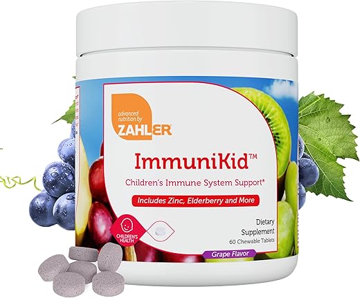 Kids – Suplemento de Suporte Imunológico com Sabugueiro, Zinco e Vitaminas para Crianças com Vitamina C D3 A – Comprimidos Mastigáveis com Sabor de Uva – Kosher Suporte Imunológico Infantil para Crianças - Zahler