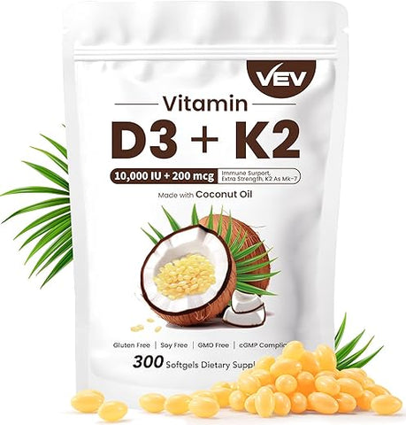 Vitamina D3 Con K2 10000 UI, 300 Softgels de Óleo de Coco Virgem | Vitaminas D 2 em 1 - VEV