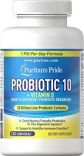 Puritan's Pride - Puritan’s Pride Probiótico 10 com Vitamina D para Apoiar a Função Imunológica – Cápsula 120 Unidades