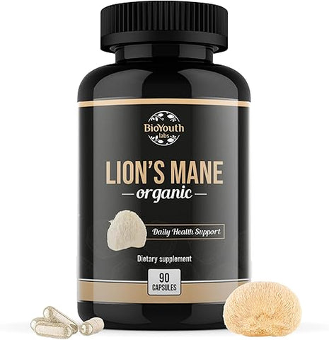 BioYouth - Suplemento Dietético Premium de Extrato de Cogumelo do Leão Orgânico para Suporte Cerebral – 90 Cápsulas