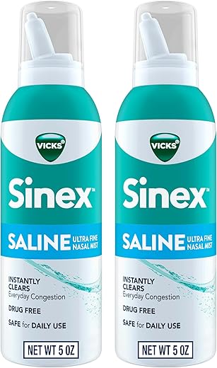 Sinex Spray Nasal SALINO, Livre de Medicamentos, Ultra Fino, Alívio Rápido da Congestão Sinusal Diária, Eliminação de Muco de Resfriado ou Alergia, Uso Diário 150 ml x 2 - Vicks