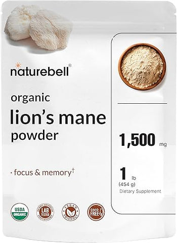 Pó de Cogumelo do Leão Orgânico 1.500mg Por Porção, 454g | Corpo Frutífero Inteiro - NatureBell