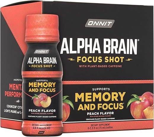 Alpha Brain Shot Energético – Suplemento para Energia, Foco, Humor, Estresse – Bebida Potencializadora para o Cérebro – Pêssego (75 ml, 6 unid) - ONNIT