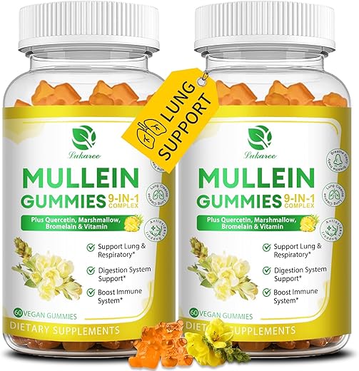 Lukaree - (2 Pacotes) Gomas de Mullein 9 em 1 para Limpeza Pulmonar, Extra Forte 10000 MG (10:1 Extrato) Extrato de Folha de Mullein com Quercetina, Bromelina, Sabugueiro