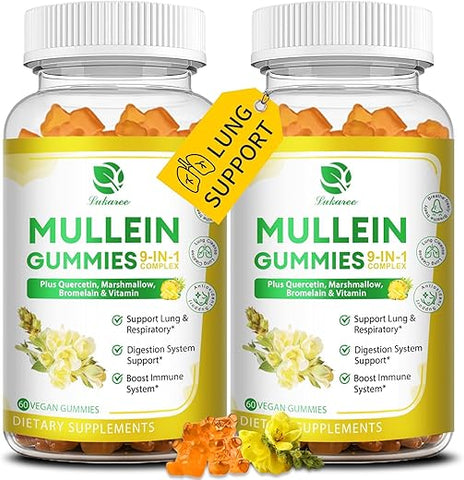 Lukaree - (2 Pacotes) Gomas de Mullein 9 em 1 para Limpeza Pulmonar, Extra Forte 10000 MG (10:1 Extrato) Extrato de Folha de Mullein com Quercetina, Bromelina, Sabugueiro