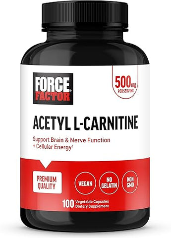 Acetyl L-Carnitine – Suplemento Cérebro, Suporte Nervoso e Energia Celular – 500mg, Qualidade Premium, Vegano, Não-OGM, 100 Cápsulas Vegetais - Force Factor