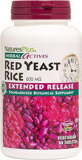 Natures Plus - NaturesPlus Herbal Actives Red Yeast Rice – Liberação Prolongada 600mg, 60 Comprimidos Veganos – Suporte ao Colesterol – Vegetariano, Sem Glúten – 60 Porções