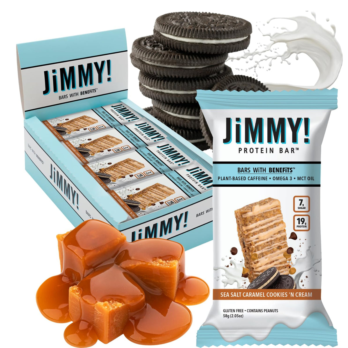 JIMMYBAR - JiMMY’S! Barra de Proteína Funcional – Caramelo com Sal Marinho Cookies N’ Cream – 12 Unidades – 18g Proteína – Cafeína, Ômega 3 e Óleos MCT – Baixo teor de açúcar, sem glúten
