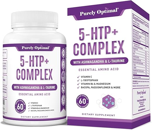 Purely Optimal - Suplemento Premium 5-HTP Plus 250mg – Máxima Potência: Auxílio ao Sono, Estímulo de Humor, Promove Calma