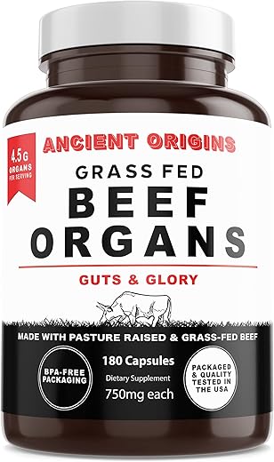 Ancient Origins - Suplemento de Órgãos de Carne Bovina Alimentada com Capim – Fígado Desidratado, Medula Óssea, Coração, Baço, Pâncreas – 4500mg