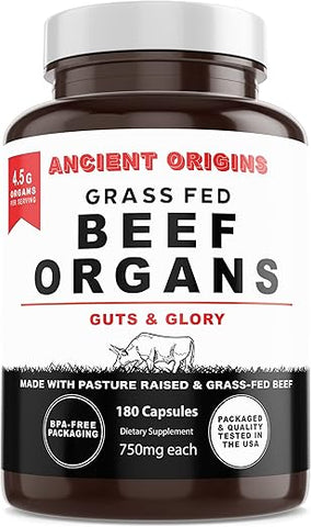 Ancient Origins - Suplemento de Órgãos de Carne Bovina Alimentada com Capim – Fígado Desidratado, Medula Óssea, Coração, Baço, Pâncreas – 4500mg
