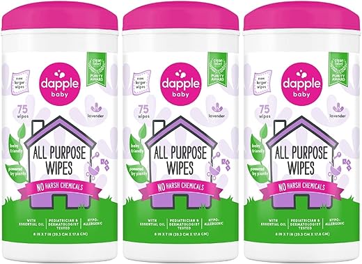 Lenços Umedecidos para Bebês, Base Vegetal, Hipoalergênico, Lavanda, Transparente, 75 Unidades, Pacote com 3 - Dapple