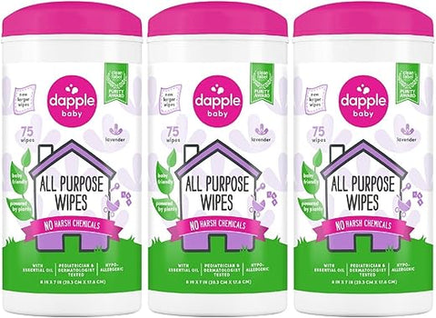 Lenços Umedecidos para Bebês, Base Vegetal, Hipoalergênico, Lavanda, Transparente, 75 Unidades, Pacote com 3 - Dapple