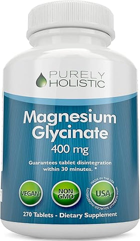 Purely Holistic - Magnésio Glicinato 400mg – 270 Comprimidos de Magnésio – 400 mg de Magnésio Elemental Vegano e Vegetariano