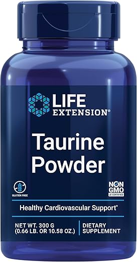 Taurine Powder – Suporte Cardiovascular Saudável, Promove Saúde Cerebral, Envelhecimento Saudável e Recuperação Muscular e de Exercícios – Sem Glúten, Não-OGM, Vegetariano – 300g - Life Extension