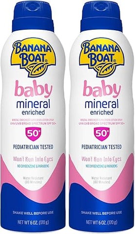 Protetor Solar Spray Banana Boat Baby Mineral Enriquecido, Não Irrita os Olhos, Amigo dos Recifes, Amplo Espectro, FPS 50, 177ml – Kit Duplo, 2 Unidades