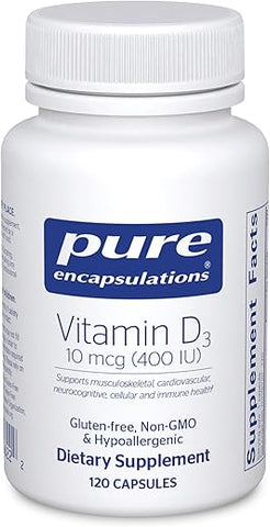 Vitamina D3 Pure Encapsulations 10 mcg (400 UI) | Suporte Hipoalergênico para Saúde Óssea, Mamária, Cardiovascular, Colônica e Imunológica | 120 Cápsulas