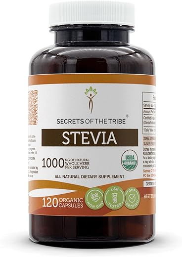 Secrets of the Tribe - Stevia Orgânica USDA 120 Cápsulas, 1000 mg, Folha Seca de Stevia Rebaudiana (120 Cápsulas)