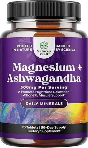 Natures Craft - Magnésio Glicinato 500mg com Raiz de Ashwagandha – Suplemento Calmante de Magnésio para Mulheres e Homens – Vegano 500mg Quelato de Magnésio Amortecido por Porção para Humor, Sono e