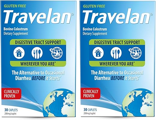 TRAVELAN - Medicina para Diarreia em Viagens – Alívio de Gases, Inchaço, Cólicas e Suporte Digestivo – Suplemento Natural de Colostro para Suporte Imunológico – Embalagem Blister para Viagens – 60 Comprimidos