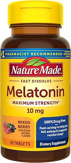 Melatonina 10mg de Dissolução Rápida, Força Máxima, Auxílio para Dormir 100% Livre de Medicamentos para Adultos, 45 Comprimidos, Suprimento de 45 Dias - Nature Made