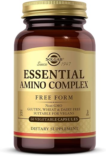 SOLGAR - Solgar Essential Amino Complex – 60 Cápsulas Vegetais – Aminoácidos Essenciais em Forma Livre – Não-OGM, Vegano, Sem Glúten, Sem Laticínios, Kosher – 60 Porções