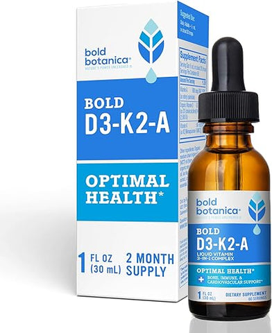 Bold Botanica - D3-K2-A: Complexo de Vitaminas Líquidas Veganas, Vitamina D3 de Algas Orgânicas com Vitamina K2 (MK7) e Vitamina A para Suporte Imunológico, Sabor Natural de Laranja, Delicioso, 30 ml