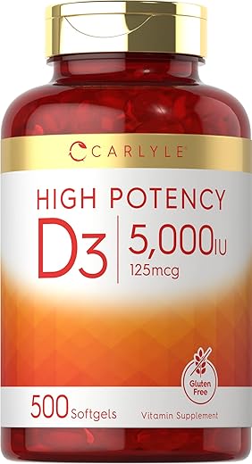 Vitamina D3 5000 UI Cápsulas Softgels | 500 Unidades | Tamanho Econômico | Suplemento Sem OGM e Glúten | Fórmula de Alta Potência | 125mcg - Carlyle