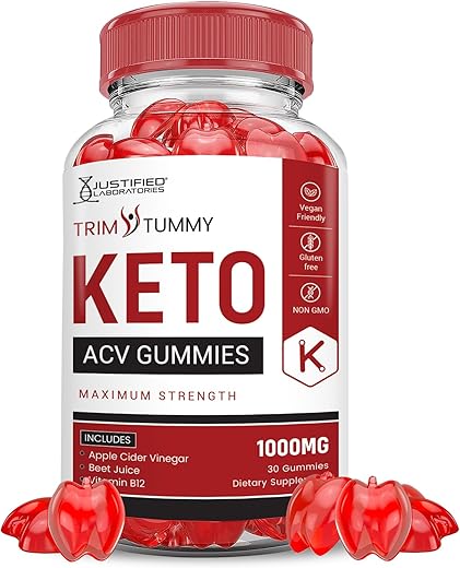 Justified Laboratories - Trim Tummy Keto Gummies ACV 1000MG Fórmula Avançada Maçã Vinagre de Cidra com Romã Beterraba B12 Vegano Não GMO 60 Gomas