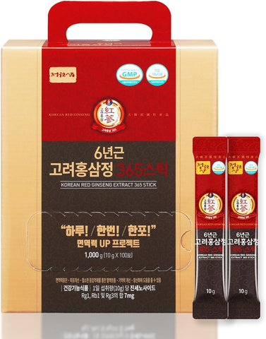 JUNGWONSAM - 6 Anos de Extrato de Ginseng Vermelho Coreano 365 | 100 Sticks | Vegano | 7mg de Ginsenosídeos por Stick | Energia, Concentração, Fadiga, Suporte Imunológico | Suplemento Diário de Vitalidade para Homens