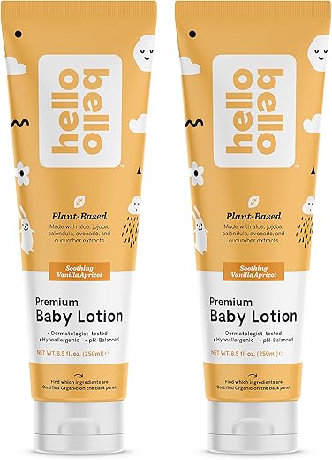 Loção Premium para Bebês I Vegana e Cruelty Free I Hidratante Não Oleoso para Bebês e Crianças I Fragrância de Baunilha e Damasco I 500ml (2 Pacotes de 250ml) - Hello Bello