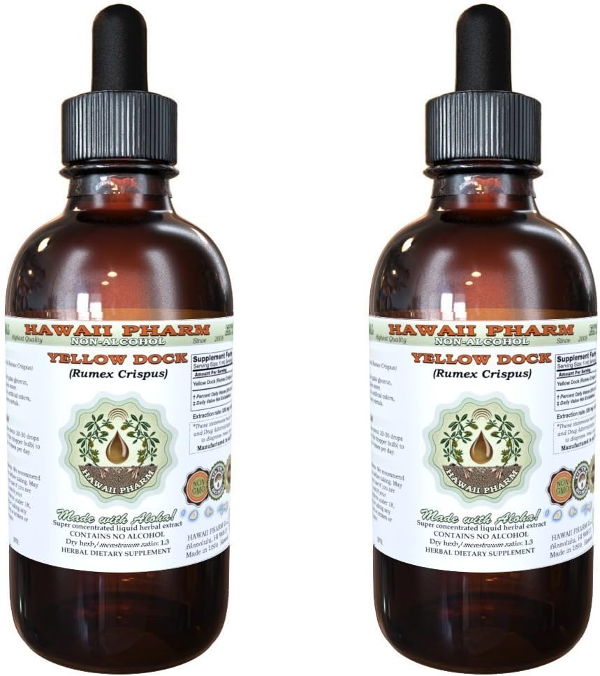 Yellow Dock Extrato Líquido Sem Álcool, Raiz Seca de Yellow Dock Orgânico (Rumex Crispus) Glicerito de Ervas Naturais, Hawaii Pharm, EUA 2×120 ml