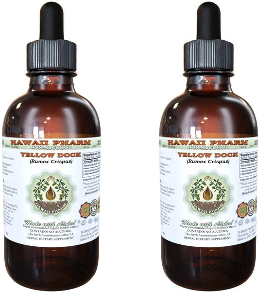 Yellow Dock Extrato Líquido Sem Álcool, Raiz Seca de Yellow Dock Orgânico (Rumex Crispus) Glicerito de Ervas Naturais, Hawaii Pharm, EUA 2×120 ml