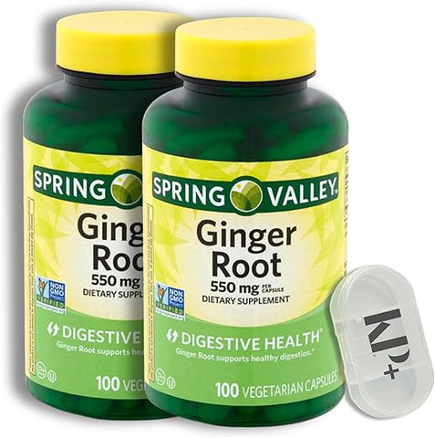 KP+ - Spring Valley Raiz de Gengibre, 550 mg, Cápsulas de Gengibre, 100 Unidades (Pack de 2) – Comprimidos de Gengibre de Alta Qualidade