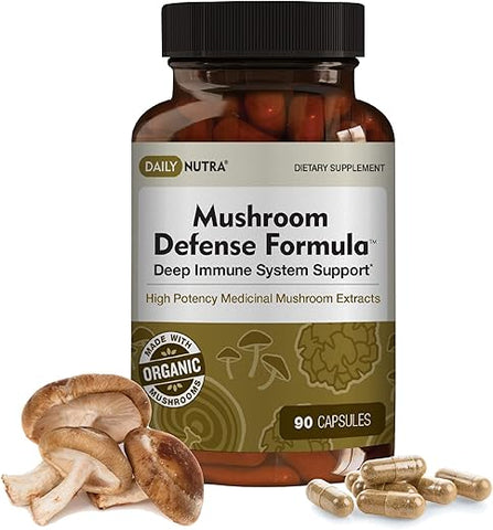 DailyNutra - Fórmula de Defesa de Cogumelos – Suplemento de Suporte Imunológico | Cogumelos Orgânicos, Extraídos em Água Quente – Reishi, Chaga, Maitake, Shiitake | Marca: Mushroom Defense Formula