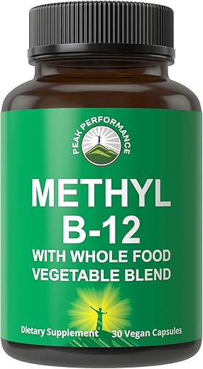 Peak Performance - Vitamina B12 Methylcobalamin – Blend de 25 Vegetais e Frutas para Máxima Absorção. Energia, Foco e Alívio. 30