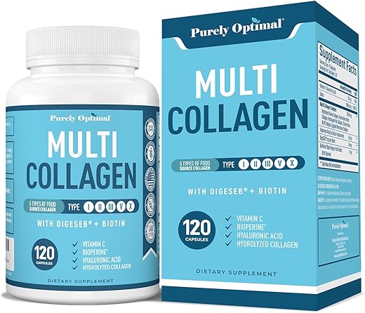 Purely Optimal - Premium Multi Colágeno Peptídeos (Tipos I, II, III, V, X) – Cápsulas de Colágeno para Cuidados com a Pele, Crescimento Capilar, Unhas – Marca em Destaque