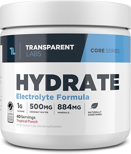 Hydrate – Pó de Eletrólitos Adoçado Naturalmente com Água de Coco, Cálcio e Taurina – 500g - Transparent Labs
