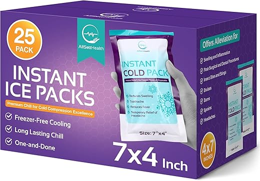 AllSett Health - Pacotes de Gelo Instantâneo para Lesões 25 Pacotes (7″ x 4″) | Gelado Instantâneo – Compressa Fria Descartável para Alívio da Dor, Primeiros Socorros, Inchaço, Dor de Dente, Atletas