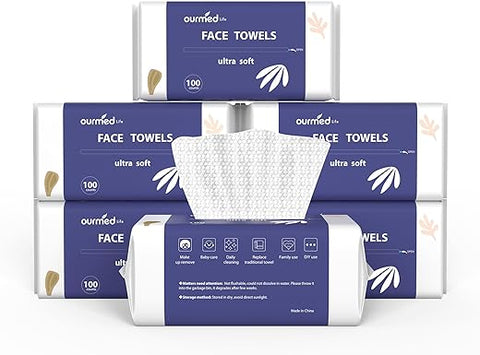 ourmed life - Toalhas Faciais Descartáveis Biodegradáveis Ourmed Life, Lenços de Limpeza Facial para Pele Sensível, Tecido Facial sem Fiapos para Limpeza, Cuidados com a Pele e Remoção de Maquiagem, Lenços Secos, 600 g