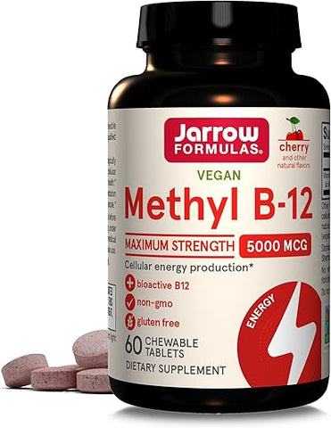 Methyl B-12 5000 mcg – Suplemento para Energia Celular e Saúde Cerebral – 60 Tabletes Mastigáveis Sabor Cereja – 60 Dias - Jarrow Formulas
