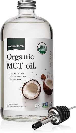 Óleo de MCT Orgânico Natural Force – Frasco de Vidro Puro – Feito a partir de Óleo de Coco Virgem 100% Prensado a Frio Certificado Keto, Paleo, Kosher, Vegano – 500ml
