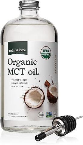 Óleo de MCT Orgânico Natural Force – Frasco de Vidro Puro – Feito a partir de Óleo de Coco Virgem 100% Prensado a Frio Certificado Keto, Paleo, Kosher, Vegano – 500ml