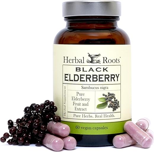 Cápsulas de Sabugueiro Negro Herbal Roots | Máxima Potência 4.300mg | Feitas com Sambucus Orgânico | Vegano e Puro